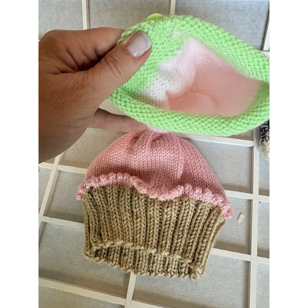 3 Hand‎ knitted Crotcheted Baby Caps/ Hats Cupcake Strawberry & Beanie